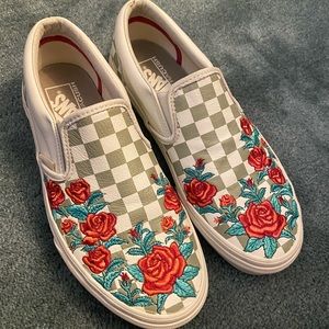 Vans slip on grey check with rose appliqués